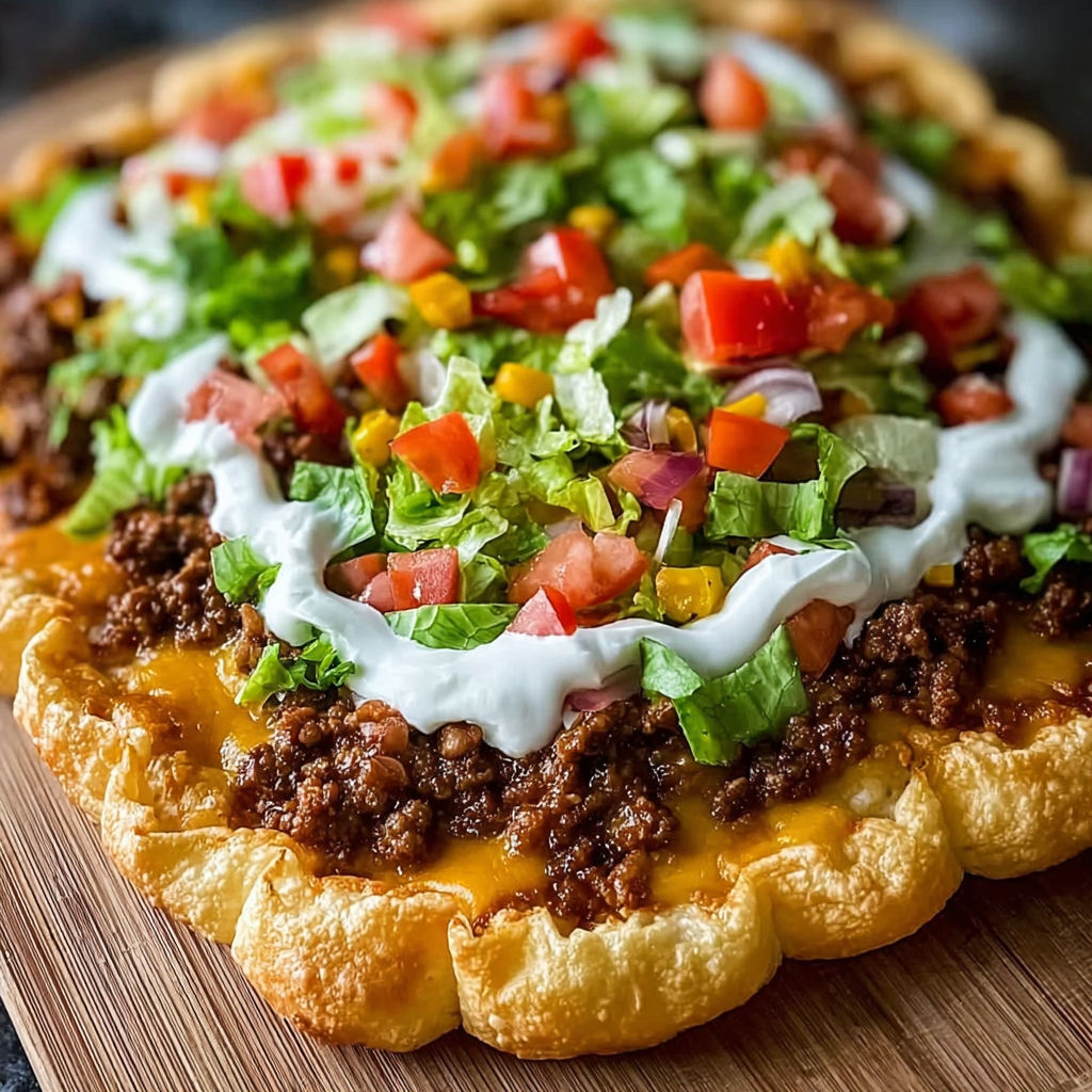 A taco pizza appetizer with tomatoes, lettuce, and cheese.