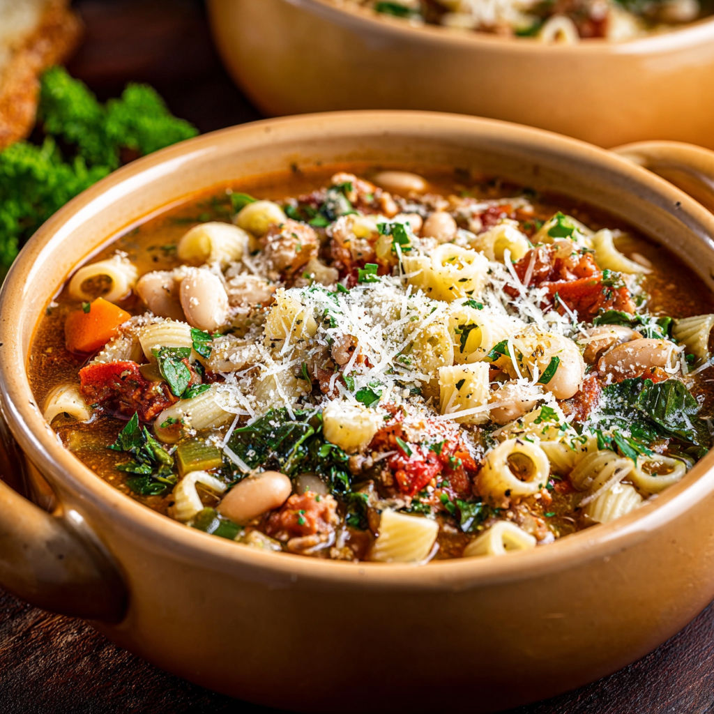A bowl of pasta with beans and cheese.