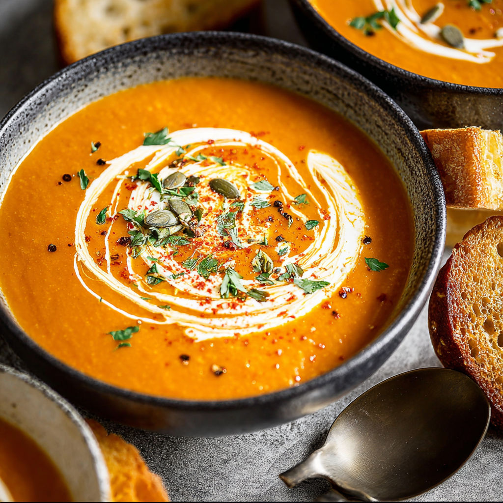 A bowl of pumpkin tomato soup with a spoon in it.