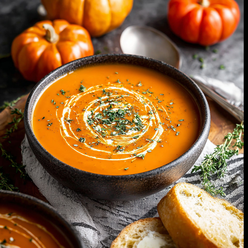 A bowl of pumpkin tomato soup with a spoon and a loaf of bread.