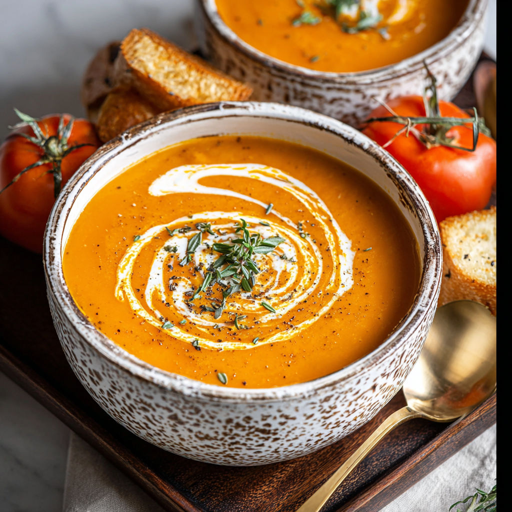 A bowl of pumpkin tomato soup with a spoon.