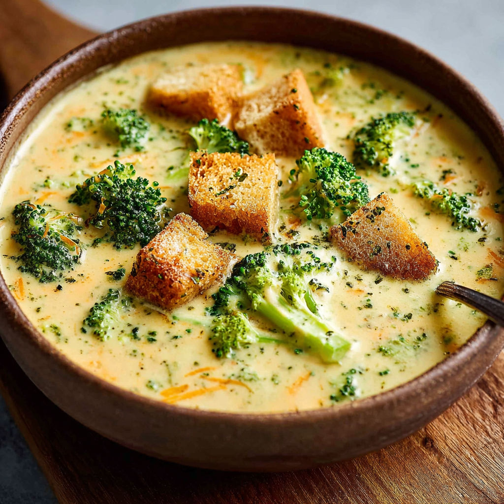 A bowl of soup with broccoli and bread.