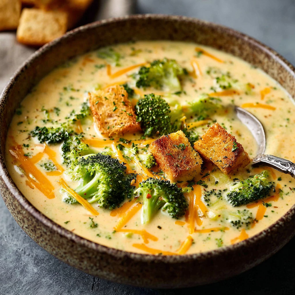 A bowl of soup with broccoli and cheese.