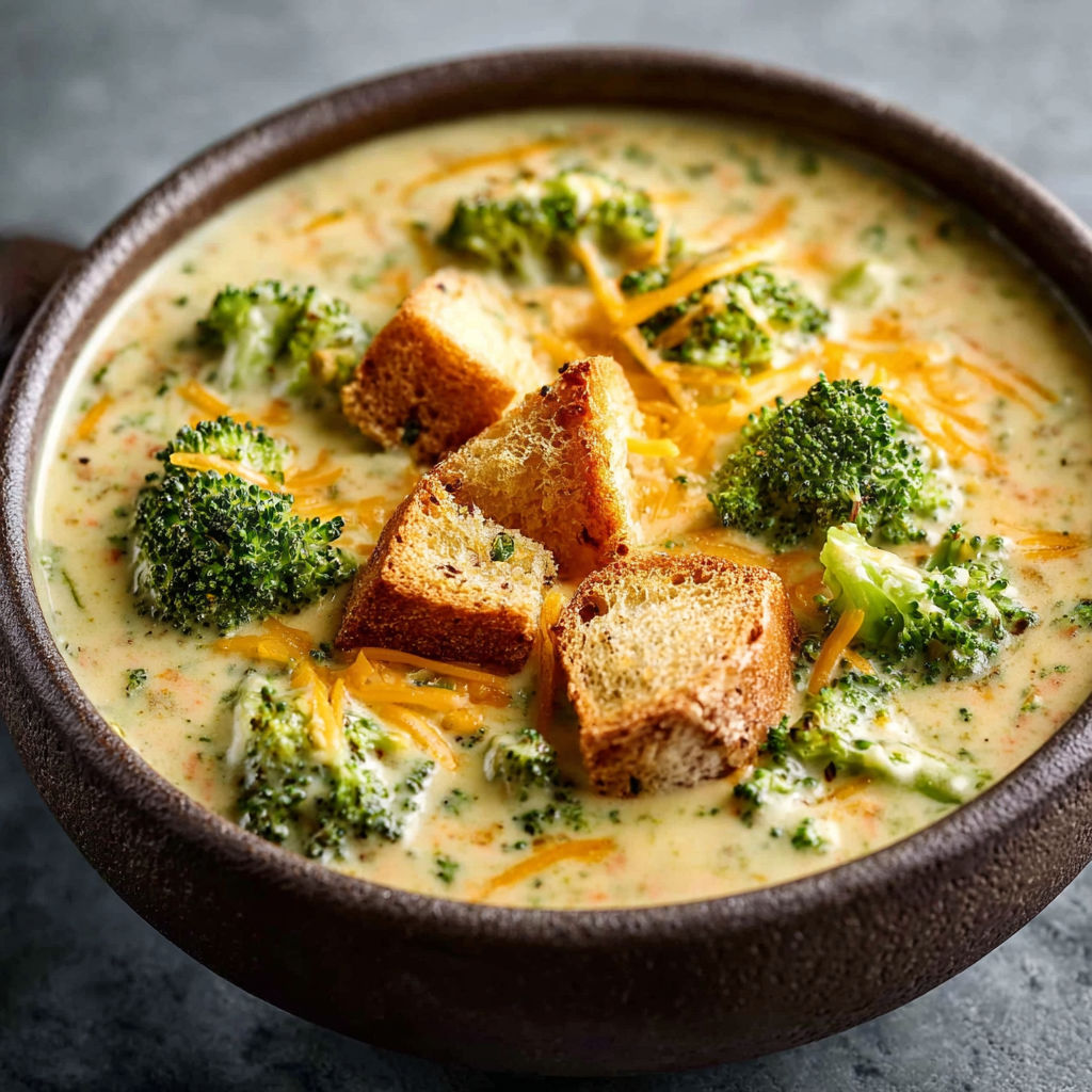 A bowl of soup with broccoli and bread.