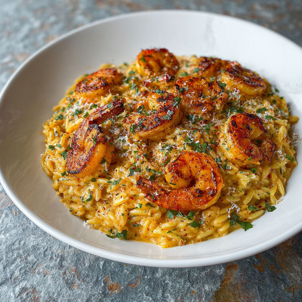 A plate of Creamy Cajun Shrimp Orzo.
