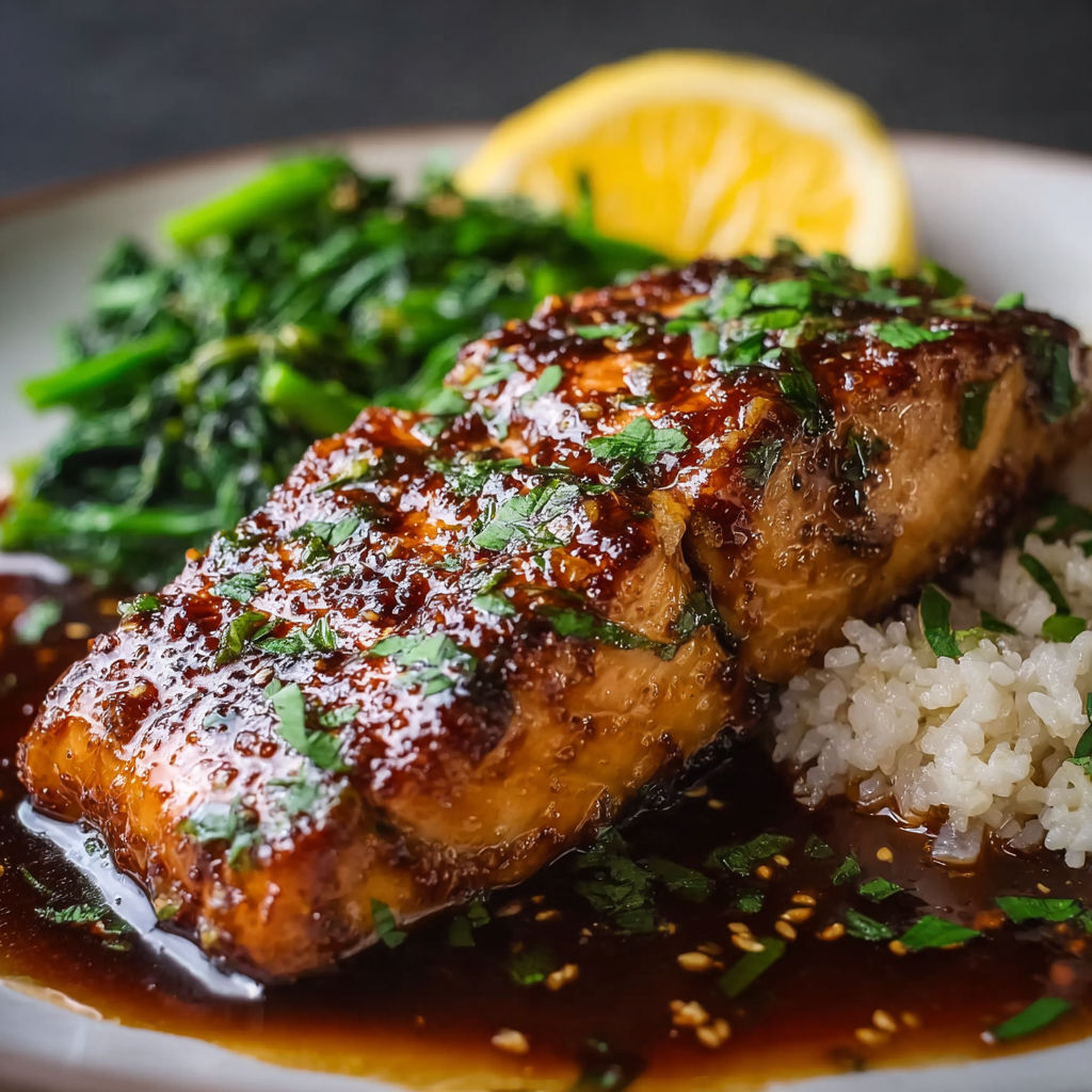 A plate of brown sugar soy glazed salmon.