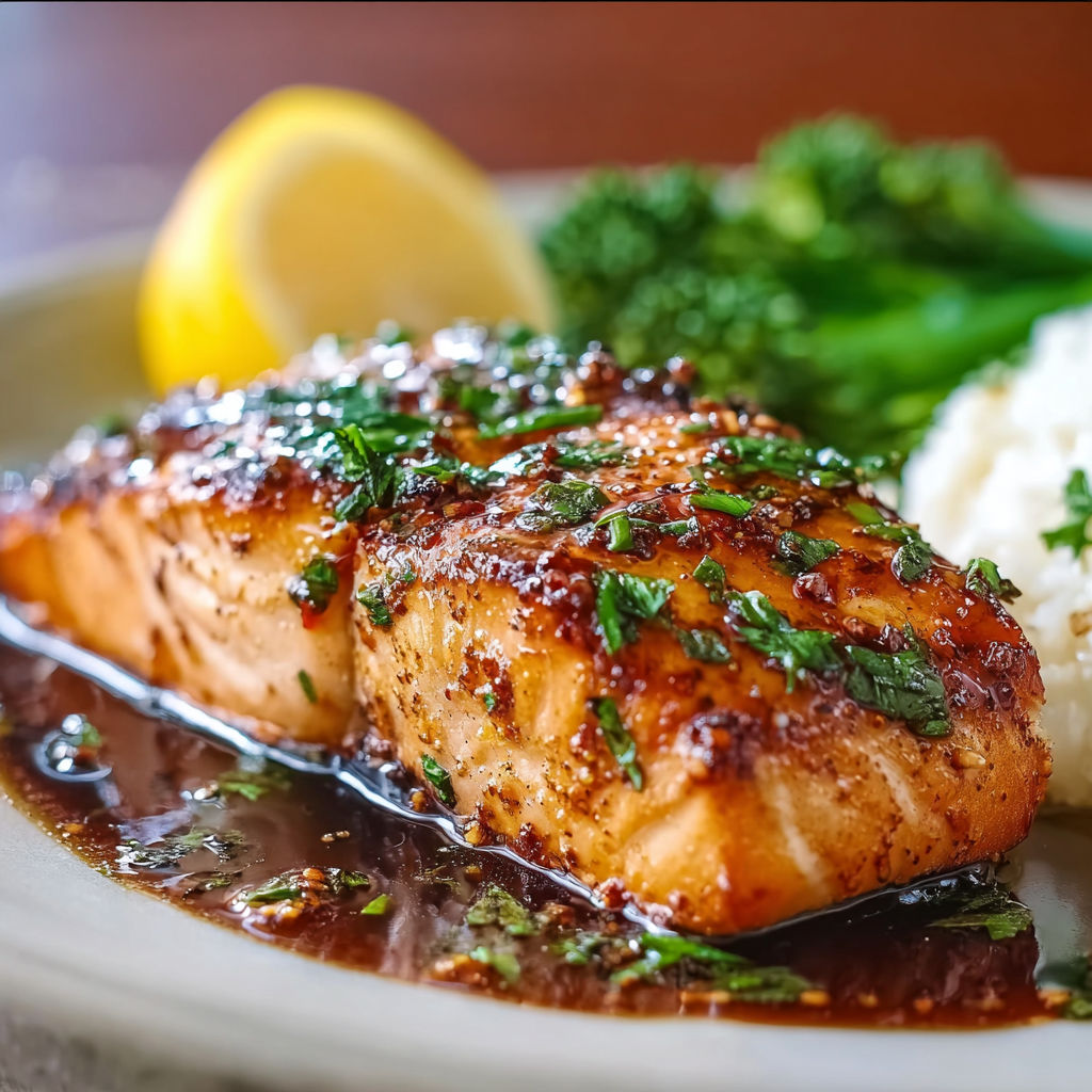 A plate of food with brown sugar soy glazed salmon.