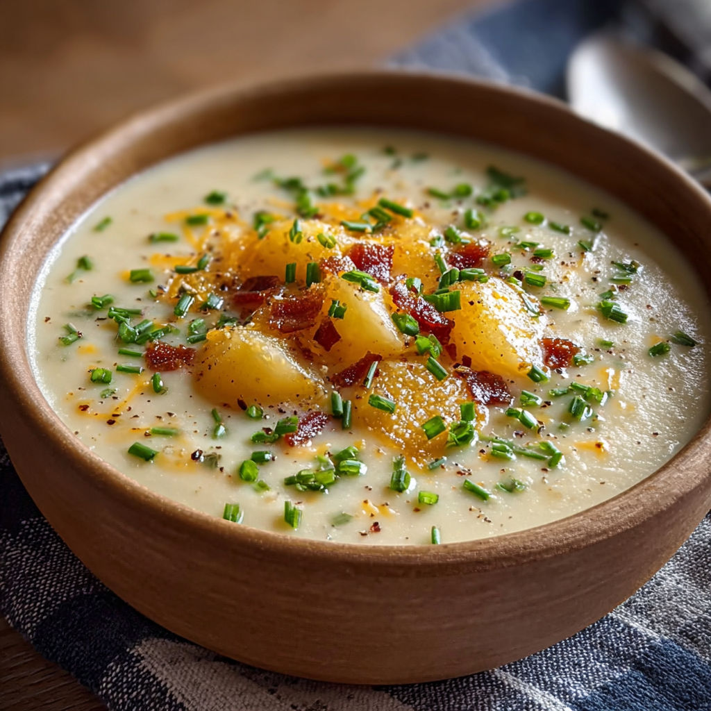 A bowl of homemade potato soup with bacon and green onions.