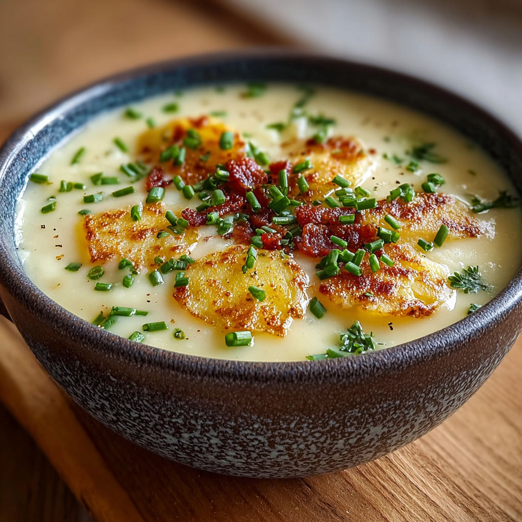 A bowl of homemade potato soup with bacon and herbs.