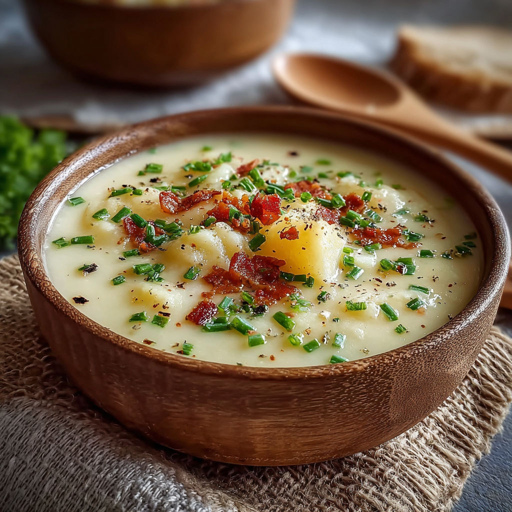 A bowl of homemade potato soup with bacon and green onions.