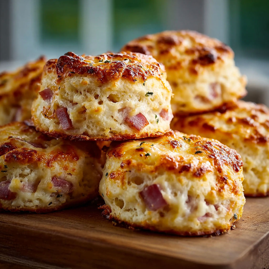 A stack of ham and cheese swim biscuits.