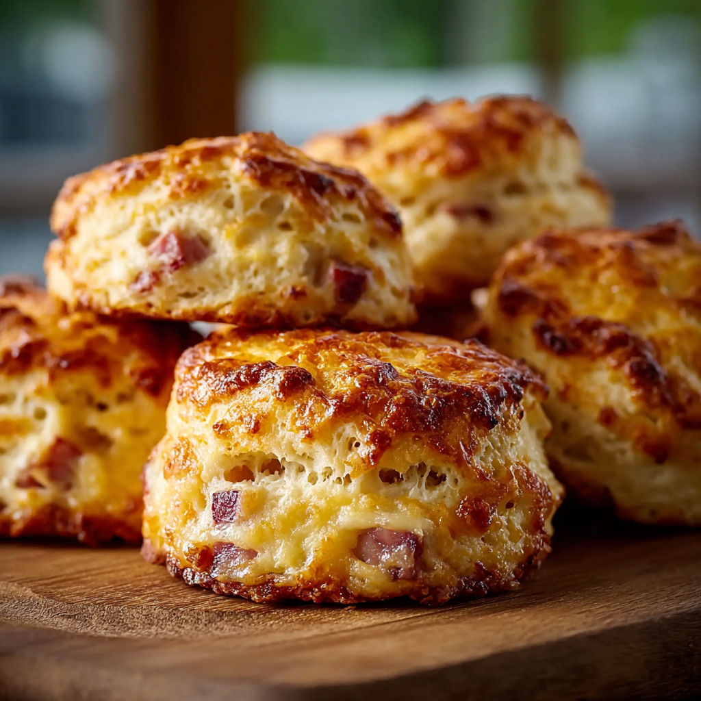 A plate of ham and cheese swim biscuits.