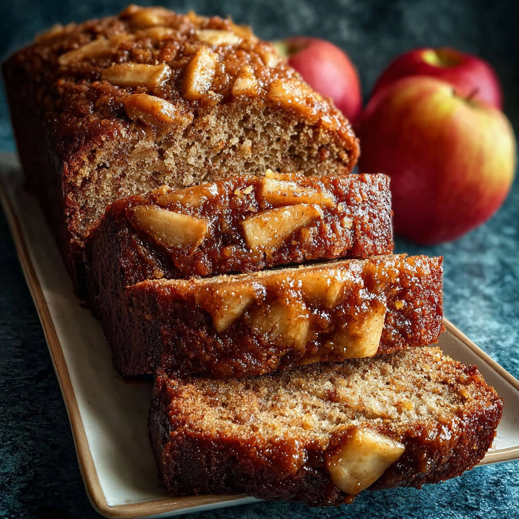 A slice of warm cinnamon-spiced apple bread.