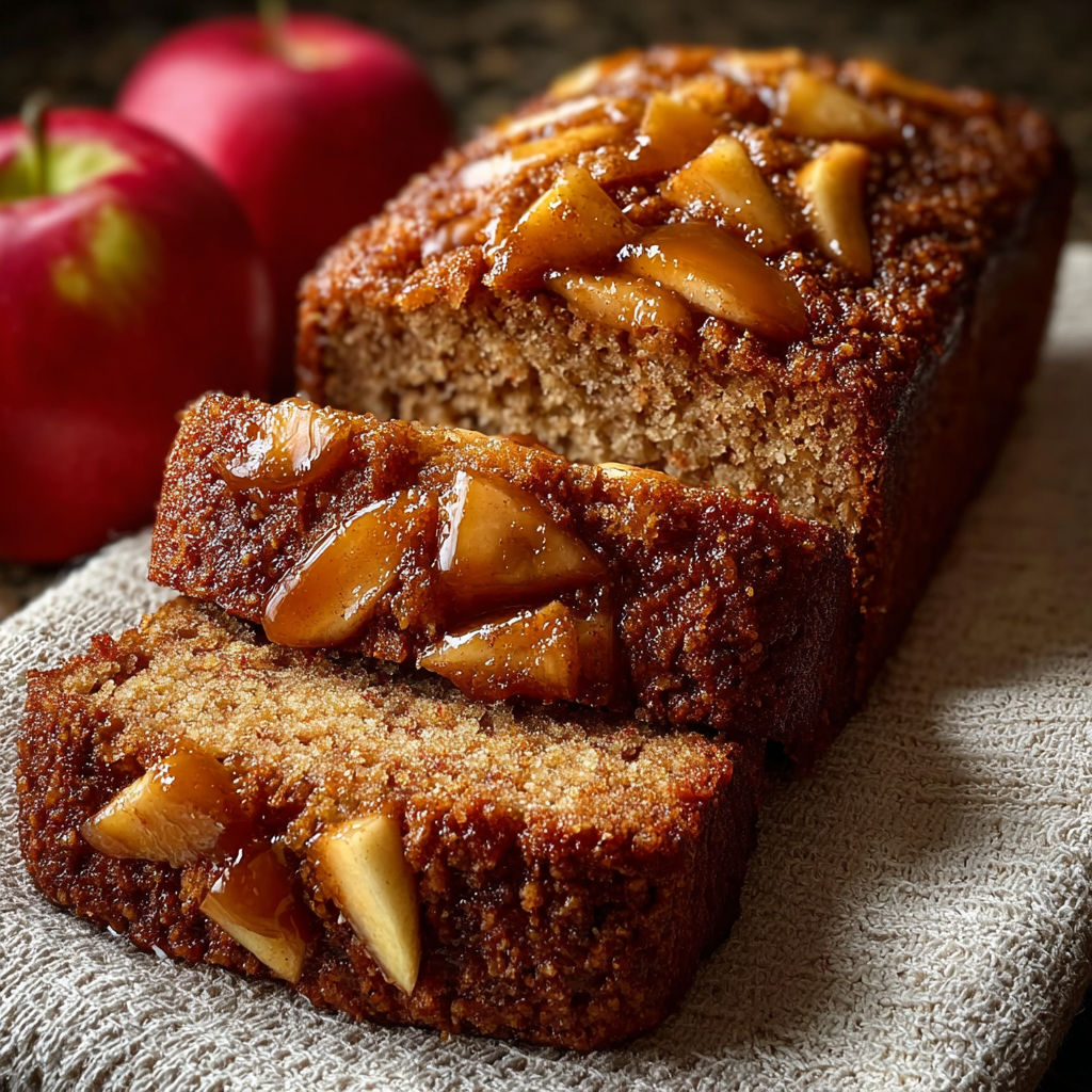 A slice of apple bread with apples on top.