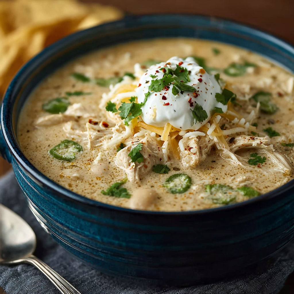 A bowl of soup with chicken and peppers.