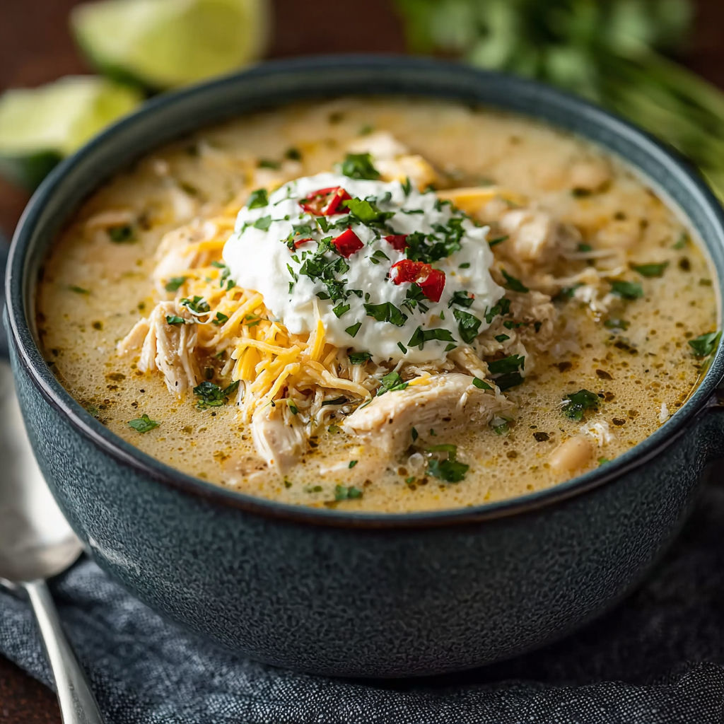 A bowl of chicken chili with white cheese and red peppers.