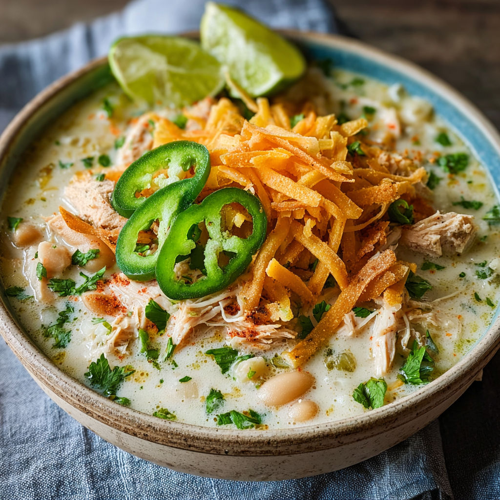 A bowl of chicken chili with a slice of jalapeno on top.