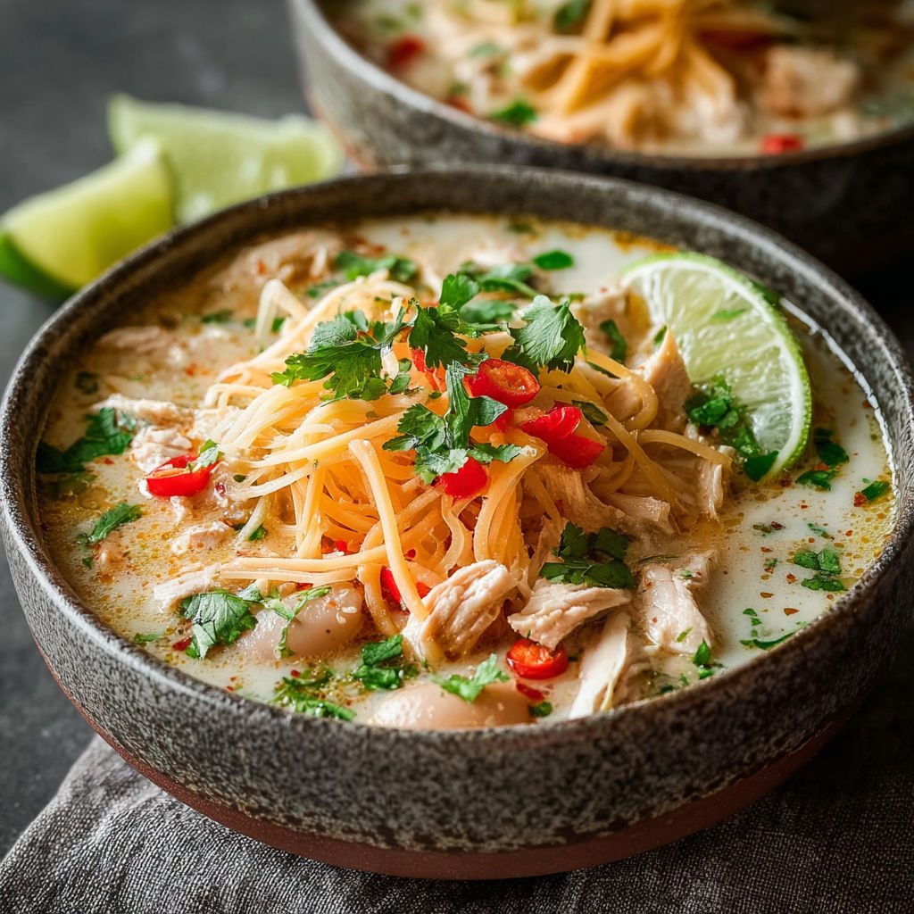 A bowl of white chicken chili with noodles and vegetables.