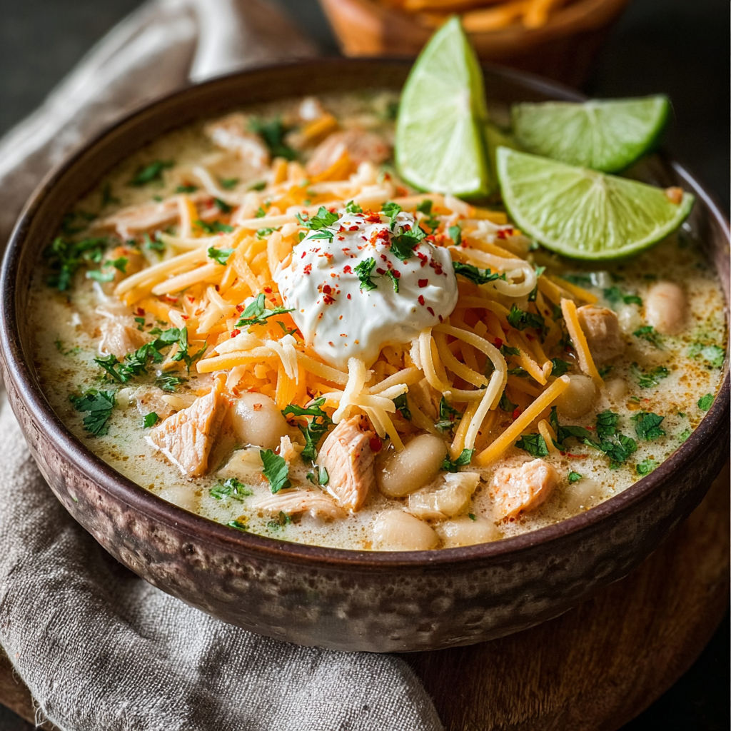 A bowl of white chicken chili with a dollop of sour cream on top.