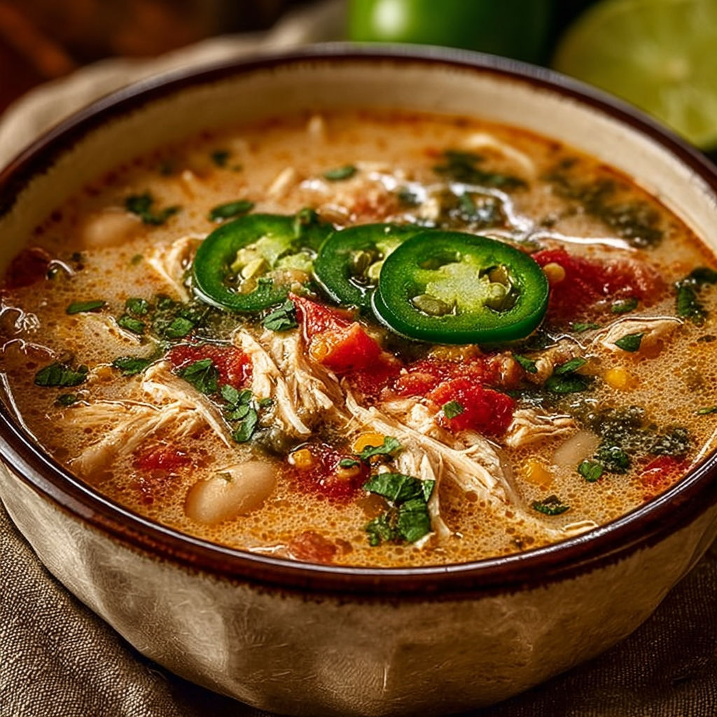 A bowl of soup with chicken and peppers.