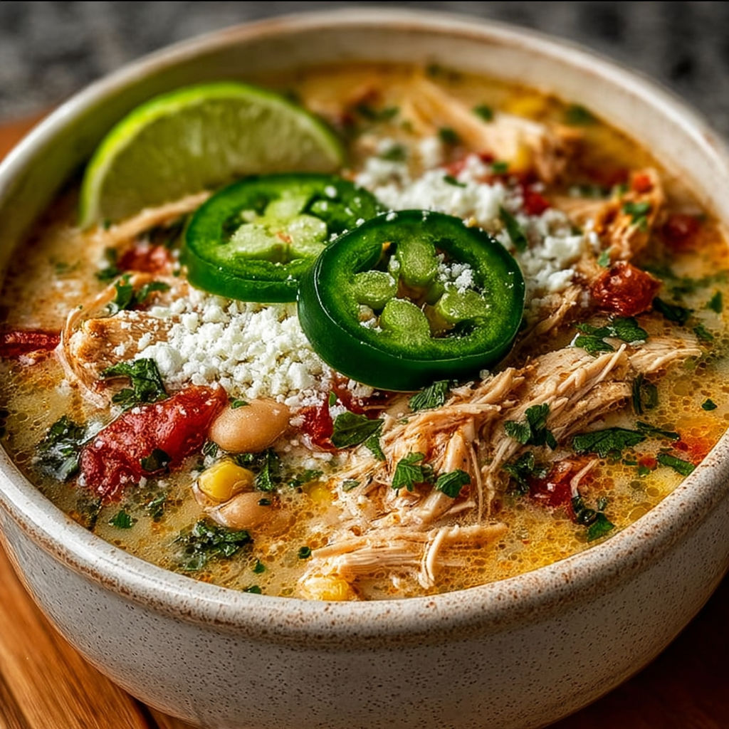 A bowl of soup with green peppers and chicken.