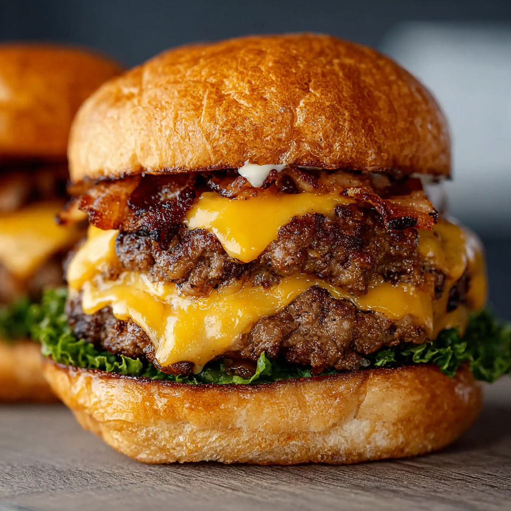 Two ultimate crack burgers on a table.