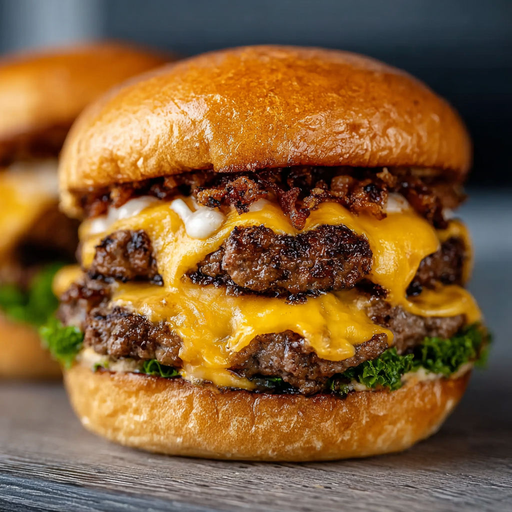 Two burgers with cheese and bacon.