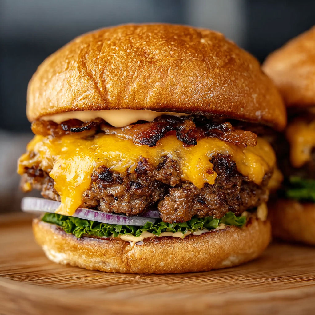 Two burgers with bacon and cheese.