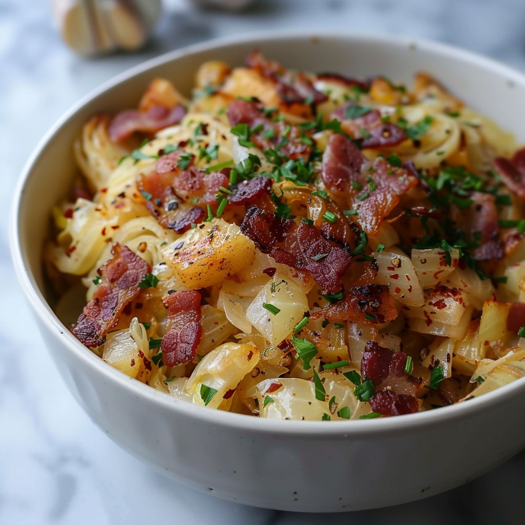 A bowl of bacon and noodles.