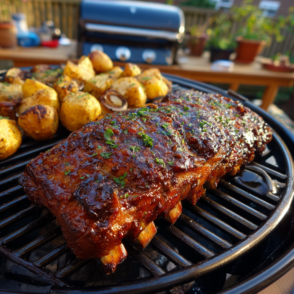 A BBQ American ribs with potatoes and onions.