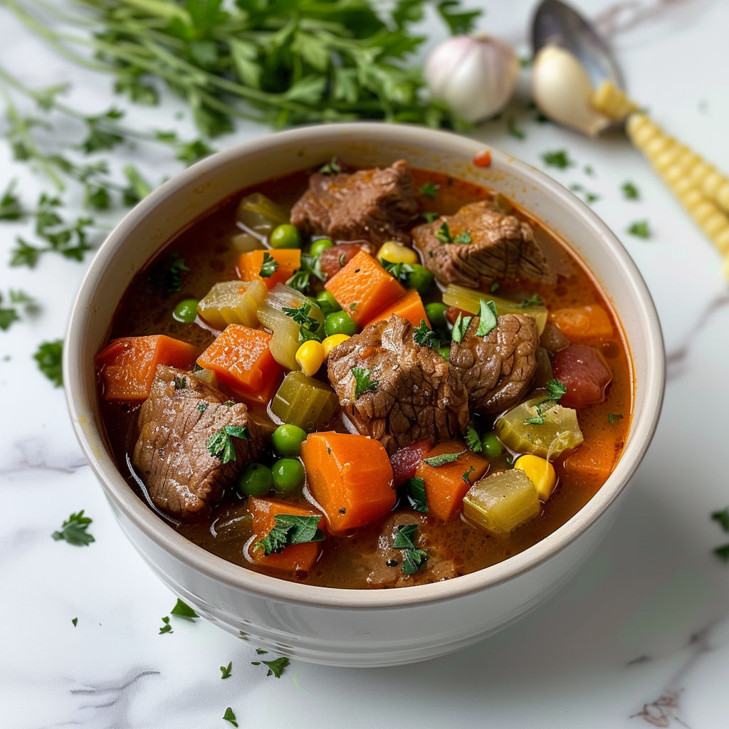 A bowl of soup with meat and vegetables.