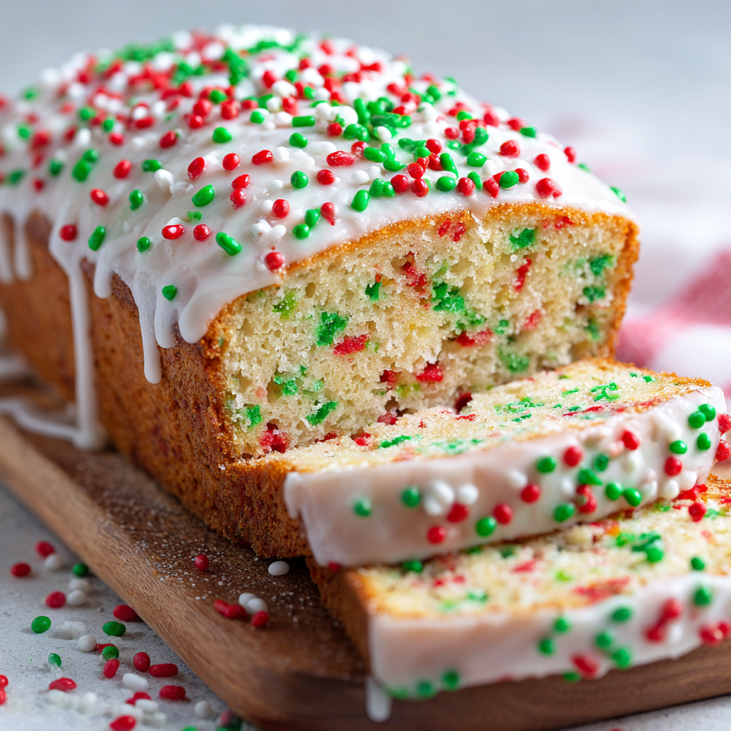 A slice of cake with white frosting and sprinkles.