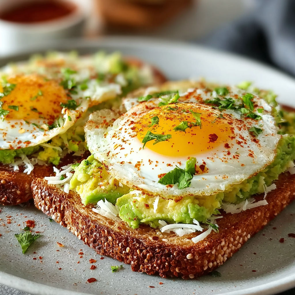 Two pieces of toast with grated eggs and avocado.