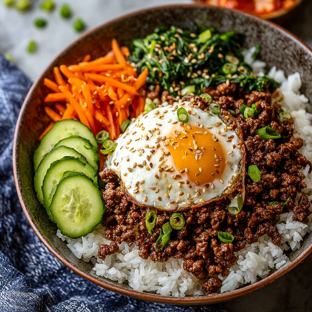 A bowl of food with rice, vegetables, and an egg.