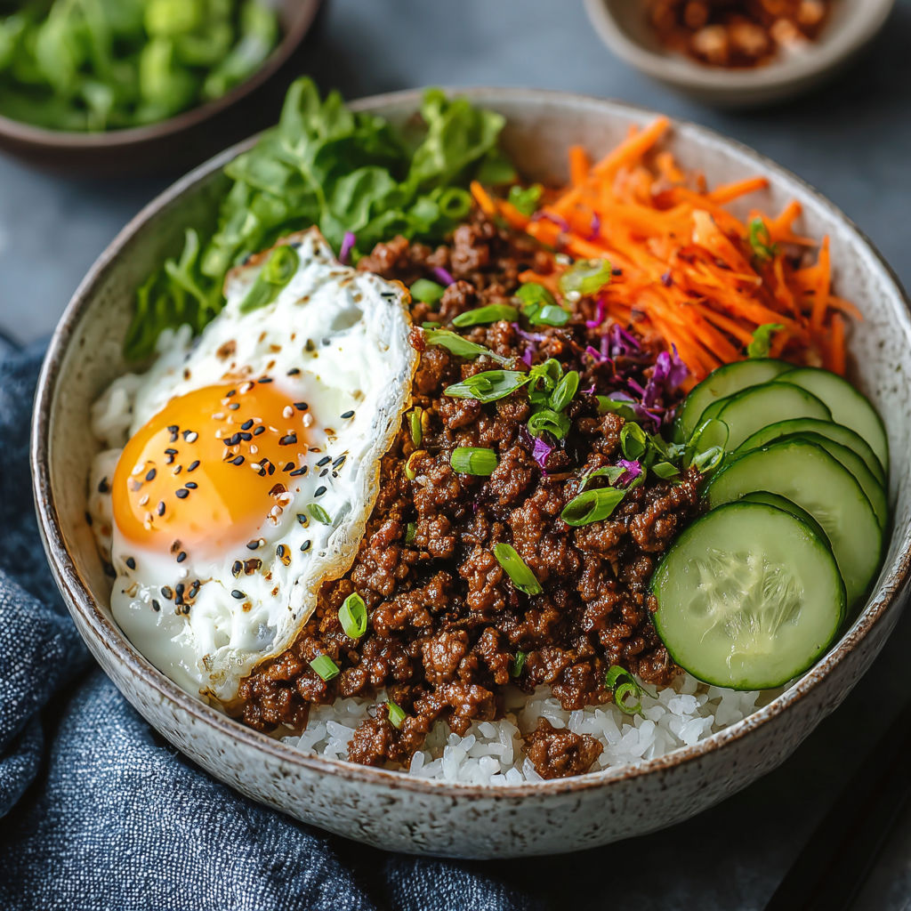 A bowl of food with a fried egg on top.