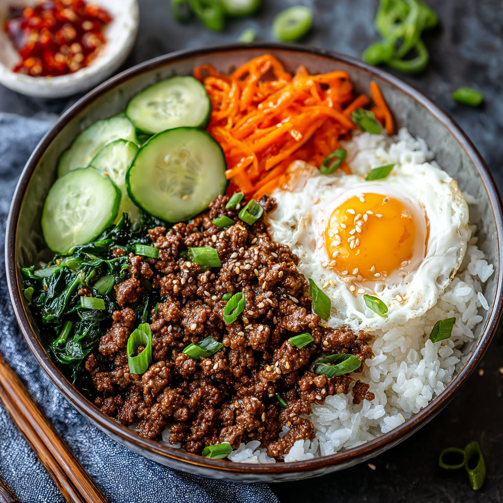A bowl of food with rice, egg, cucumber, carrots, and beef.