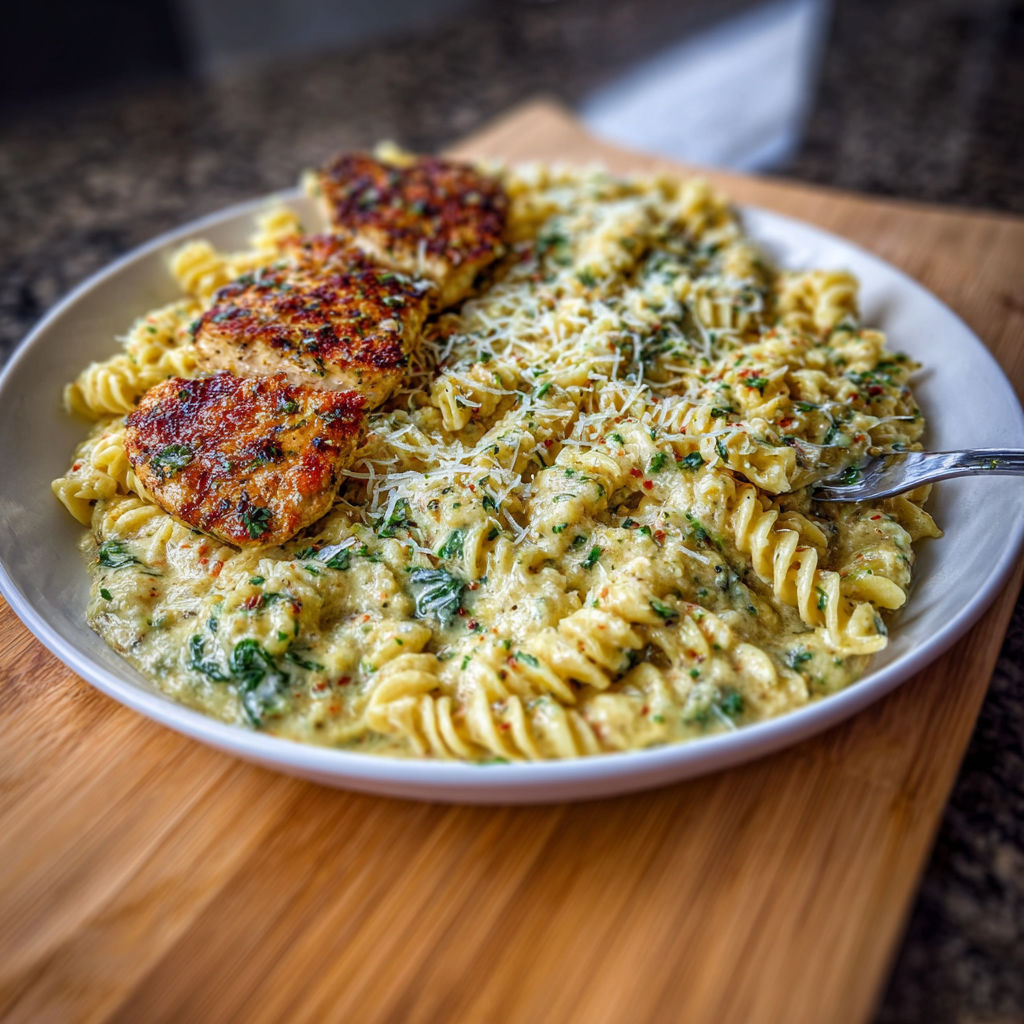 A plate of food with chicken and pasta.
