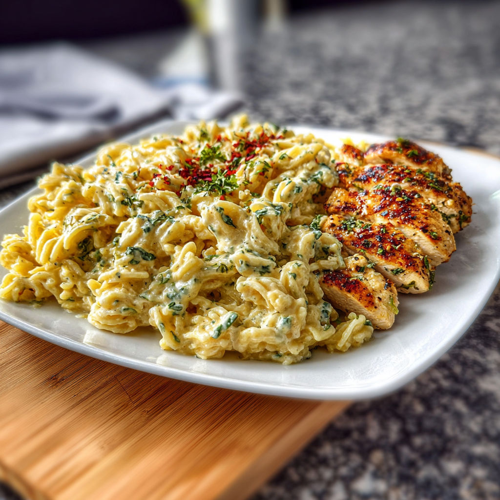 A plate of pasta with chicken and garlic.