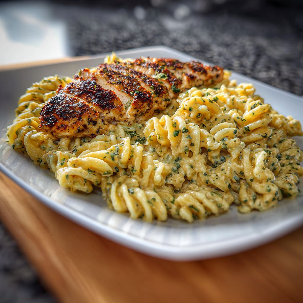 A plate of food with chicken and pasta.