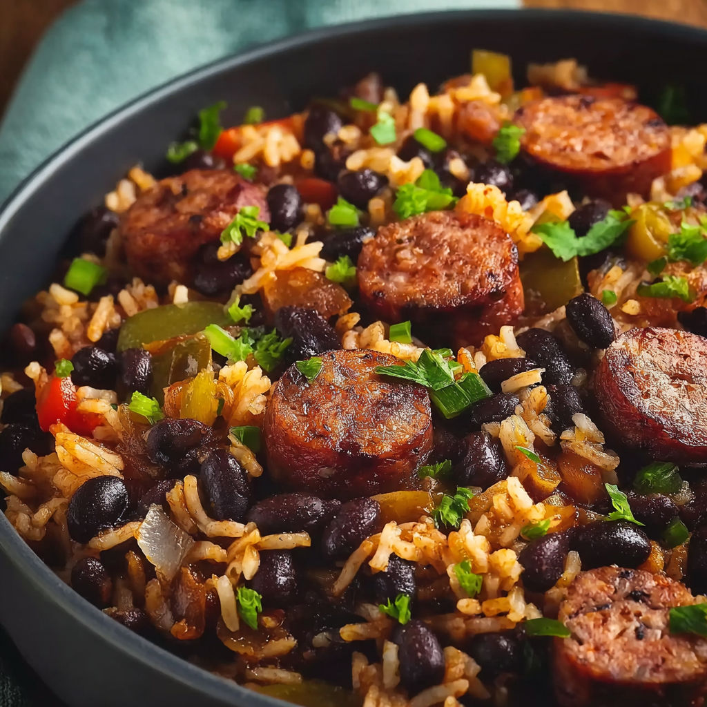 A bowl of hearty black beans and rice with sausage.