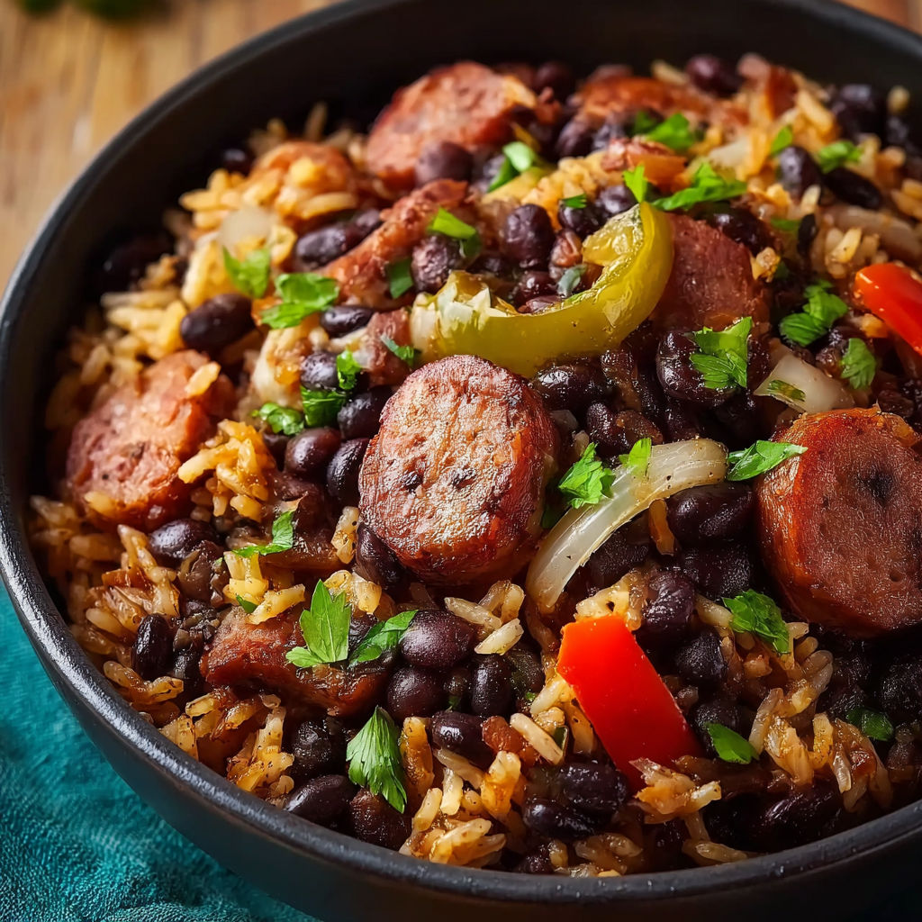 A bowl of hearty black beans and rice with sausage.