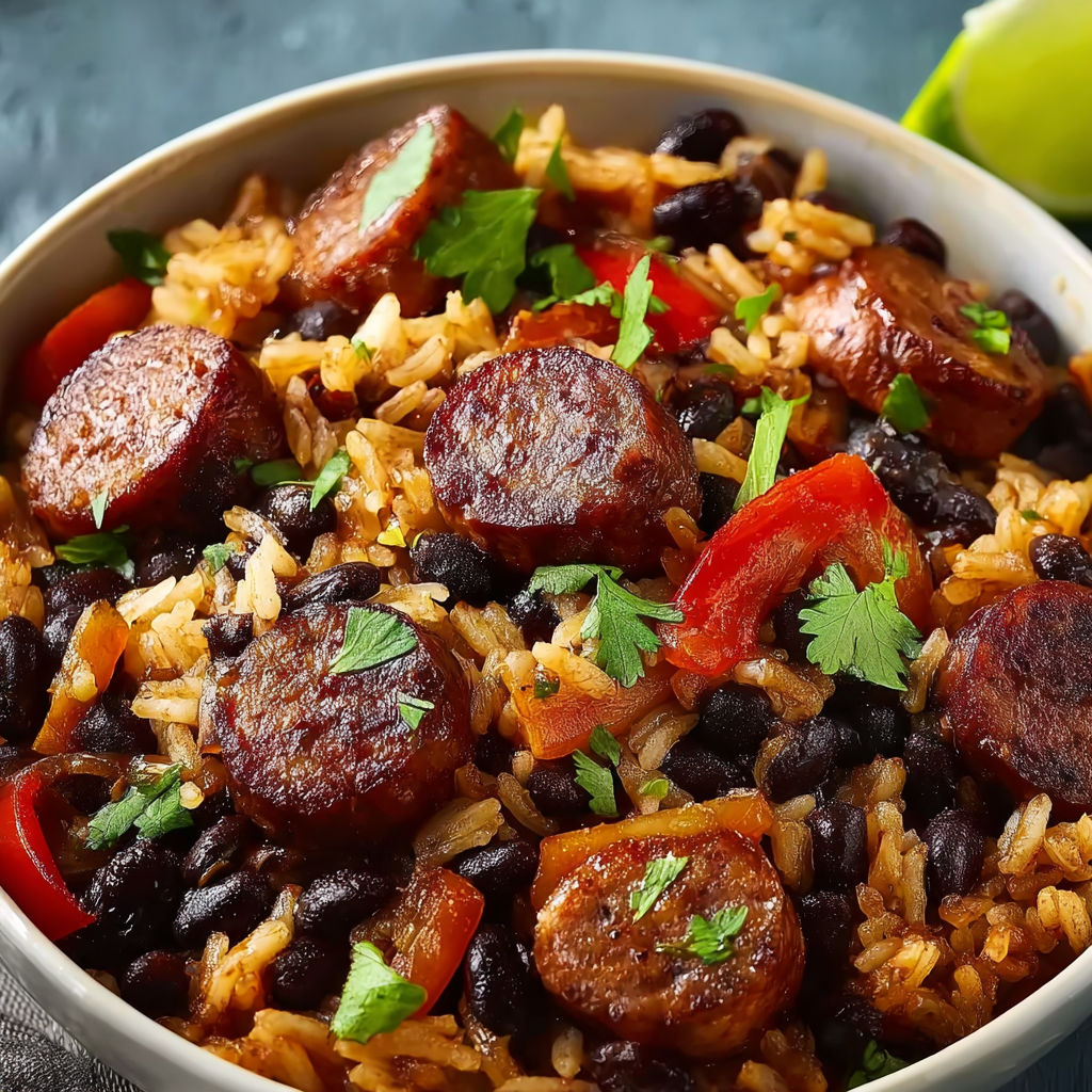 A bowl of hearty black beans and rice with sausage.