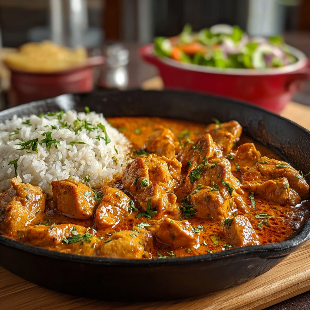 A pan of butter chicken with rice and salad.