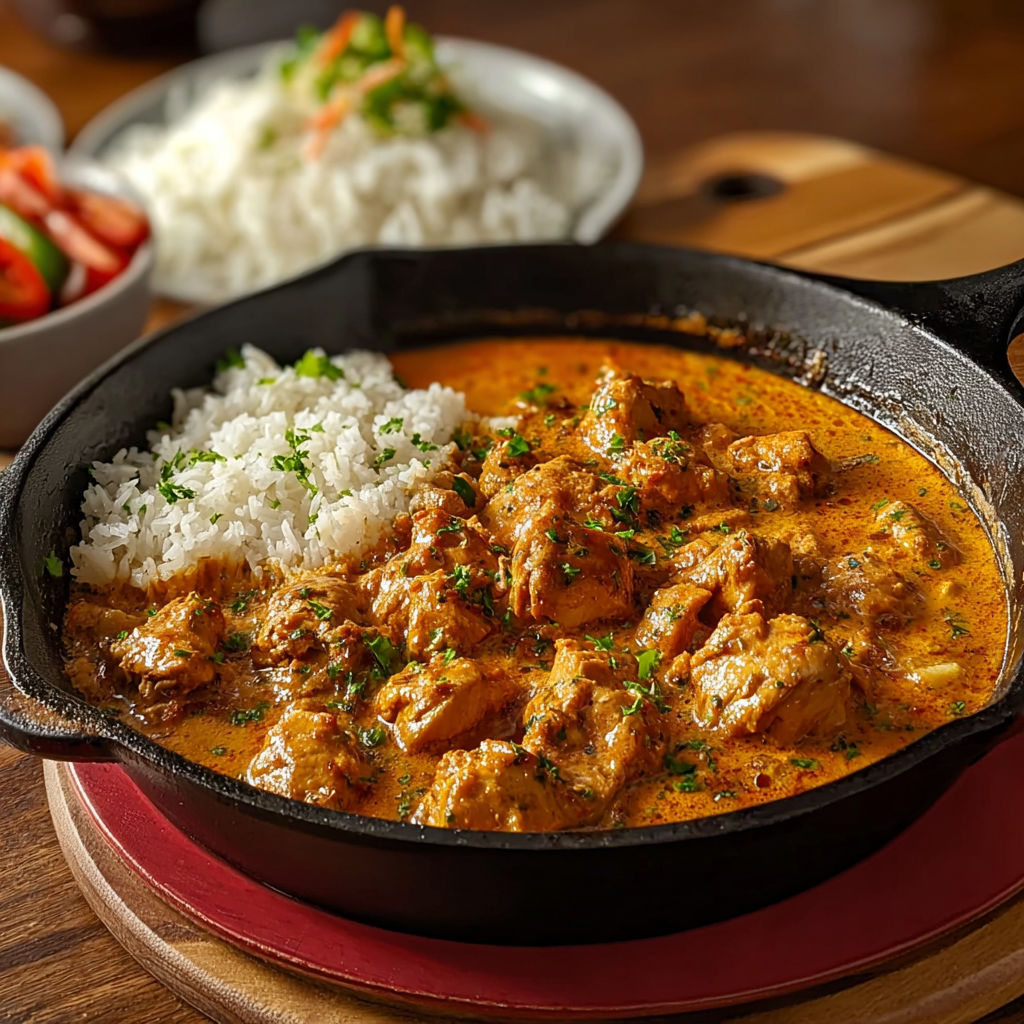 A skillet of butter chicken with rice and vegetables.