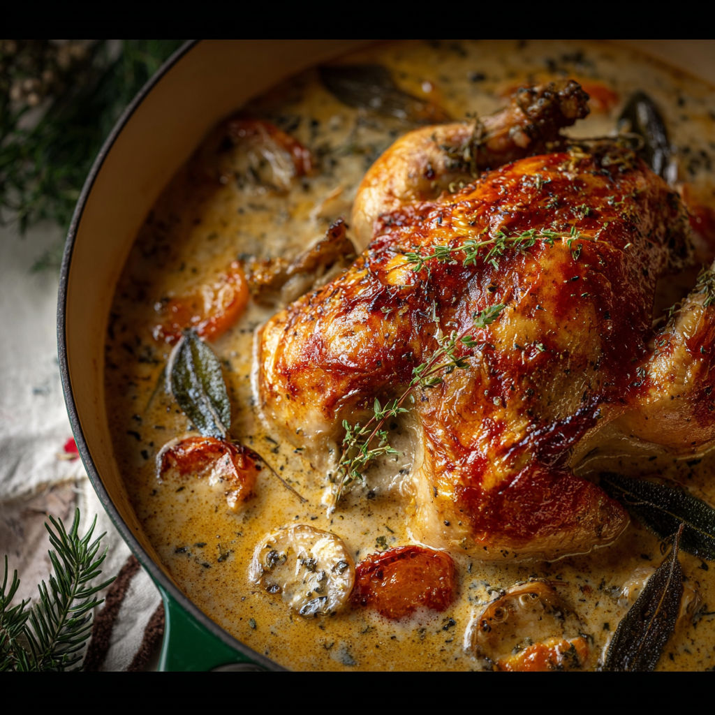 A close up of a chicken in a creamy white wine sauce.