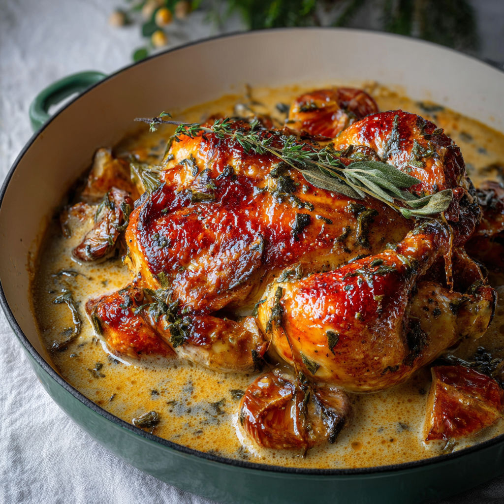 A dish of herb roasted chicken in creamy white wine sauce.