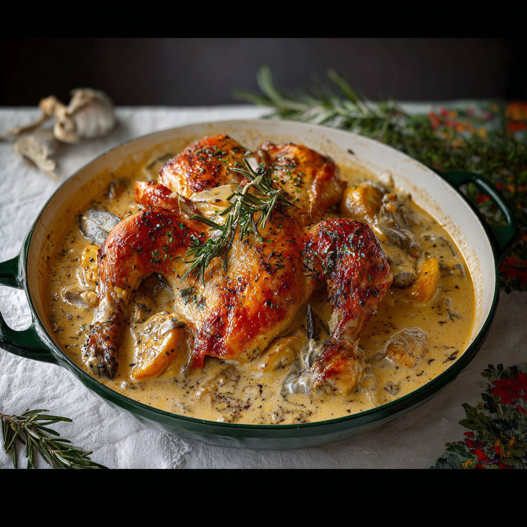 A dish of herb roasted chicken in creamy white wine sauce.