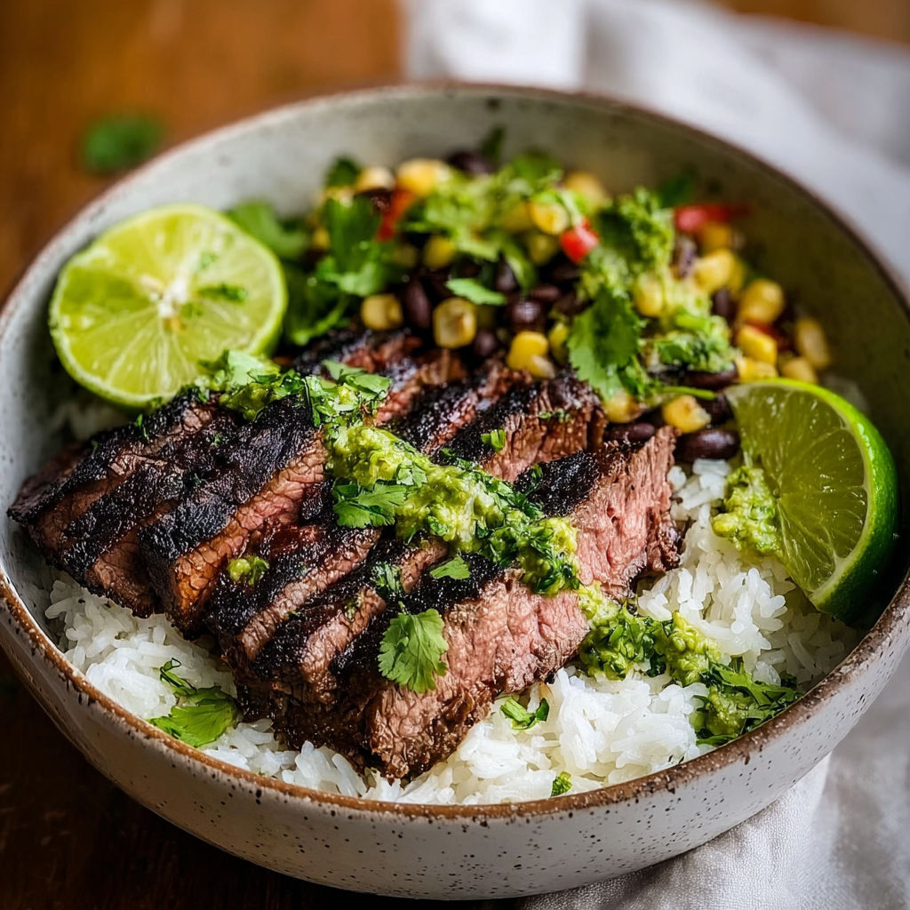 A bowl of food with rice, beans, corn, and steak.