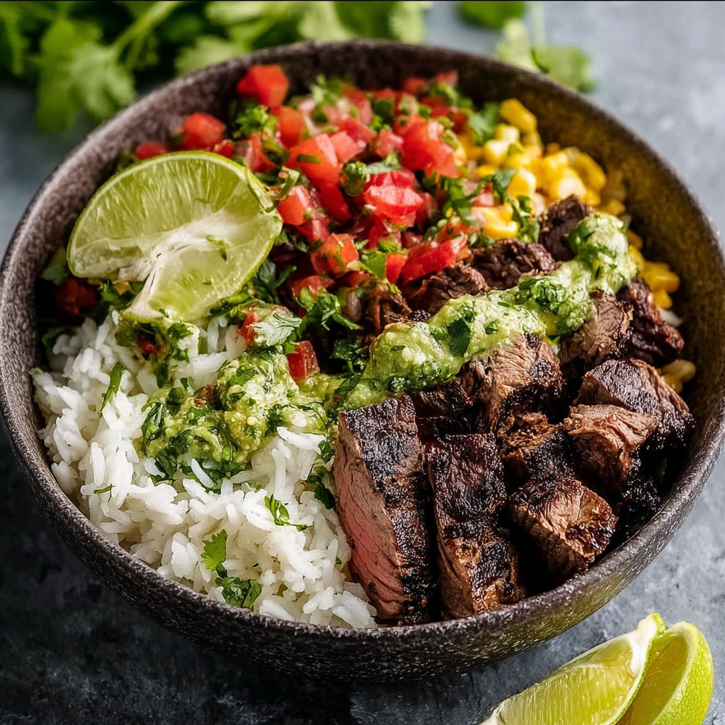 A bowl of food with rice, meat, and cilantro lime.