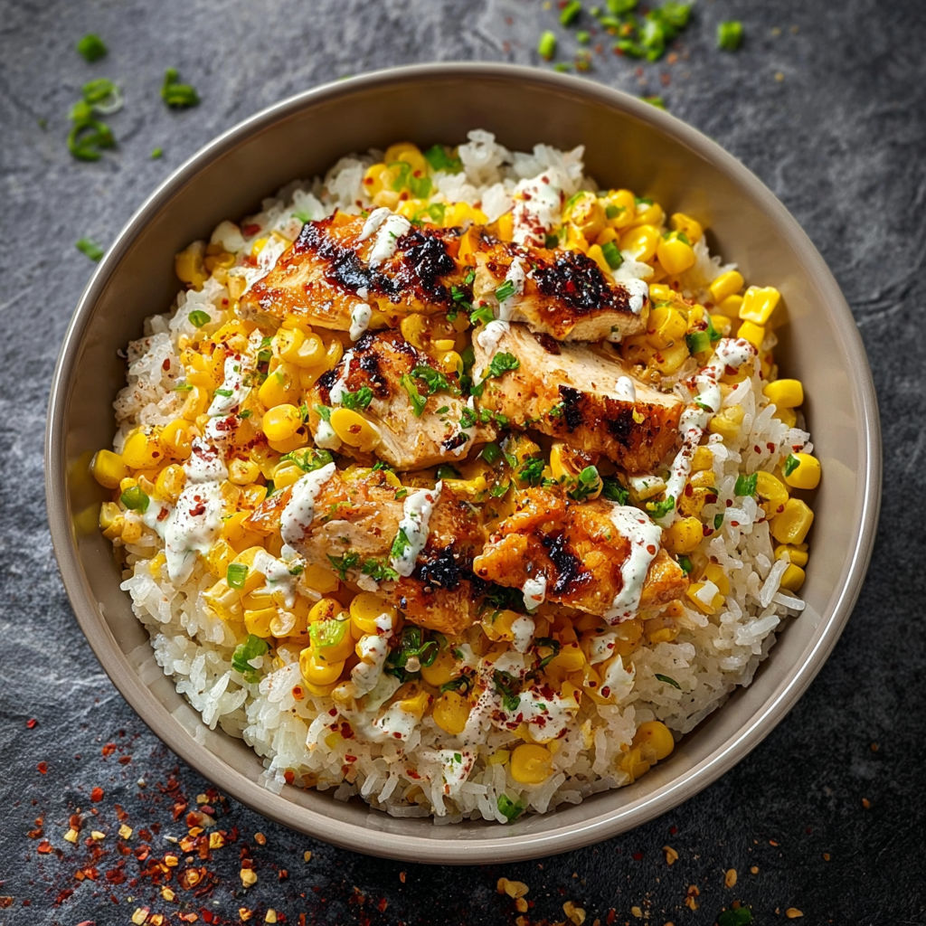 A bowl of rice with chicken and corn.